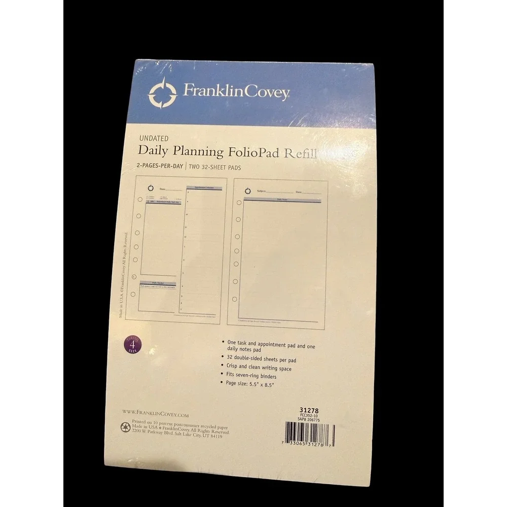 FranklinCovey Undated Daily Planning FolioPad Refill Classic Size 4 31278 7-Ring